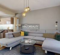 Ein geräumiges Wohnzimmer in einem Einfamilienhaus mit einem Sofa, einer Küchenzeile und einem Boden in Holzoptik.