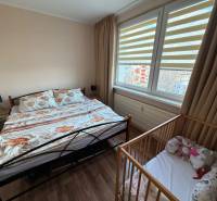 Schlafzimmer in einer 4-Zimmer-Wohnung mit einem Bett und einem Kinderbett, Boden mit Holzdekor.
