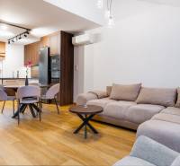 Wohnzimmer in einer Einzimmerwohnung mit Küche, Sofa und Holzboden.