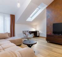 Helles Wohnzimmer in einer Einzimmerwohnung mit Holzboden und Dachfenster.