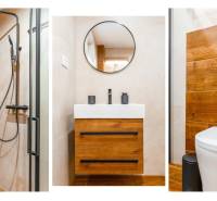 Modernes Badezimmer mit Holzdekorboden in einer Einzimmerwohnung.