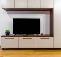 Wohnwand in einer Einzimmerwohnung, Boden mit Holzdekor, Fernseher und Dekorationen.