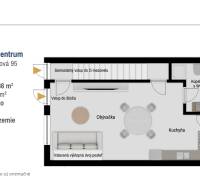 Grundriss einer 1-Zimmer-Wohnung mit Küche, Wohnzimmer, Badezimmer und Terrasse.