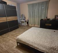 Ein Schlafzimmer in einem Einfamilienhaus mit Holzboden, einem Kleiderschrank und einem Bett.