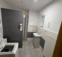 Ein Badezimmer in einem Einfamilienhaus mit Dusche, Waschmaschine und Waschbecken, ausgestattet mit Fliesen.