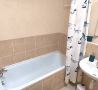 Badezimmer in einer 2-Zimmer-Wohnung mit Badewanne und Fliesen in neutralen Farbtönen.