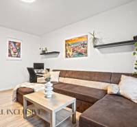 Wohnzimmer mit braunem Sofa, Schreibtisch und Boden in Holzoptik.