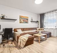 Wohnzimmer in einer 3-Zimmer-Wohnung mit Sofa, Schreibtisch und Boden in Holzoptik.