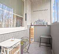 Ein Balkon mit Verzierungen und einem Fenster in einer 3-Zimmer-Wohnung in Senec.