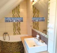 Ein Badezimmer in einem Einfamilienhaus mit einer Badewanne, einem Waschbecken, einem Spiegel und Mosaikdekoration.