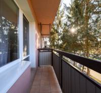 Ein Balkon in der Sládkovičova-Straße in Fiľakovo, umgeben von Grün, Teil einer 2-Zimmer-Wohnung.