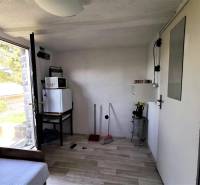 Interieur einer Hütte mit Geräten, Sofa und Blick auf die Natur draußen.