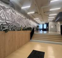 Büros mit Holzboden, Treppen, Sessel und großes Wandgemälde.