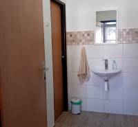 Büros mit Waschbecken, Spiegel und Boden mit Holzdekor.