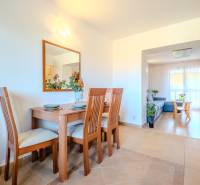 Helles Esszimmer mit Holztisch in einer 2-Zimmer-Wohnung, Boden mit Holzdekor.