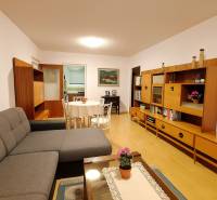 Wohnzimmer in einer 4-Zimmer-Wohnung mit Sofa, Esstisch und Boden in Holzoptik.