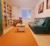 Wohnzimmer in einer 4-Zimmer-Wohnung mit einem Bücherregal und einem Boden in Holzoptik.