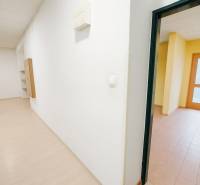 Weißer Flur in Geschäftsräumen mit Holzboden-Dekor und Raum mit Fliesen.