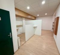 Innenraum von Geschäftsräumen mit Holzboden und grünen Türen mit der Aufschrift WC.