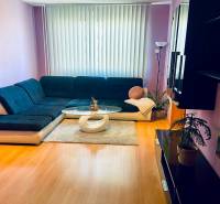 Wohnzimmer in einer 3-Zimmer-Wohnung mit Sofa, Couchtisch und Boden in Holzoptik.