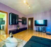 Wohnzimmer einer 3-Zimmer-Wohnung mit lila Wänden, dunklen Möbeln und einem Fernseher auf einem Boden mit Holzdekor.