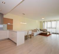 Wohnzimmer einer 3-Zimmer-Wohnung mit Holzboden, Kochnische und großen Fenstern.