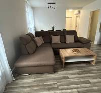 Gemütliches Wohnzimmer mit braunem Sofa und Tisch, Boden mit Holzdekor.