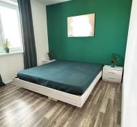 Schlafzimmer in einer 3-Zimmer-Wohnung mit Holzboden; grüne Wand, Bett, Fenster.