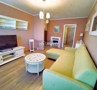 Wohnzimmer in einer Zweizimmerwohnung mit einem hellen Sofa und einem Boden in Holzoptik.