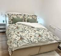 Schlafzimmer in einer 2-Zimmer-Wohnung mit Blumenbettwäsche und Holzboden.