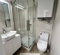 Badezimmer in einer 2-Zimmer-Wohnung mit moderner Duschkabine und Waschbecken.