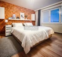 Schlafzimmer in einer 2-Zimmer-Wohnung mit Holzboden und einer orangefarbenen Wand.