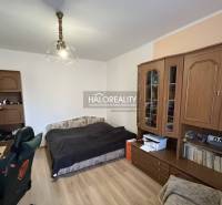 Schlafzimmer in einer 2-Zimmer-Wohnung mit Holzboden und einer Möbelwand aus Holz.