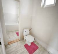 Badezimmer im Einfamilienhaus mit Toilette, Badewanne und Boden mit Holzdekor.