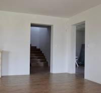 Innenraum eines Einfamilienhauses mit Kamin, Treppe und Boden in Holzoptik.