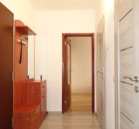 Der Flur in einer 3-Zimmer-Wohnung mit einem Boden in Holzoptik und Möbeln in hellen Farben.