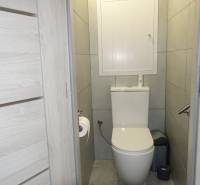 Toilette in einer 3-Zimmer-Wohnung mit Fliesenboden und grauen Wänden.