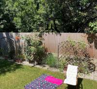 Garten einer 4-Zimmer-Wohnung in Bratislava - Vrakuňa mit einem Sessel und einem Teppich auf dem Rasen.