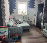 Wohnzimmer mit grünem Sofa, Spielzeug, Pflanzen und Wänden mit Steinverkleidung in einer 4-Zimmer-Wohnung.