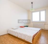 Schlafzimmer in einer 3-Zimmer-Wohnung mit Holzboden und einem Bett am Fenster.