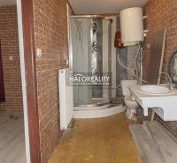 Ein Badezimmer in Geschäftsräumen mit Holzdekor an den Wänden und einer Duschkabine.