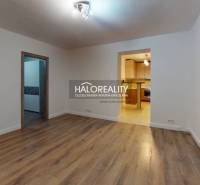 Wohnzimmer in einer Zweizimmerwohnung mit Holzboden und Zugang zur Küche.