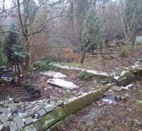 Garten beim Einfamilienhaus in der Búdková in Bratislava - Staré Mesto, mit einem kaputten Zaun und Bäumen.