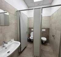 Bürotoiletten mit Waschbecken und Kabinen, Boden mit Holzdekor.