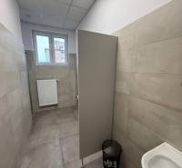 Büros mit grauer Verkleidung und Toilette, mit kleinem Fenster und Rippenheizkörper.