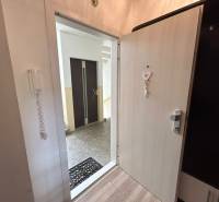 Eingangstür mit dekorativem Anhänger und Boden mit Holzdekor in einer Einzimmerwohnung.