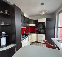 Küche in einer Einzimmerwohnung mit Holzboden und roten Fliesen.