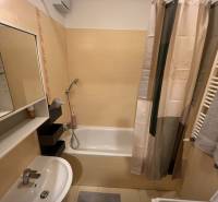 Badezimmer in einer 2-Zimmer-Wohnung mit Badewanne, Waschbecken, Waschmaschine und Fliesen.