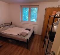 Schlafzimmer in einer 3-Zimmer-Wohnung mit einem Metallbett und einem Boden in Holzoptik.