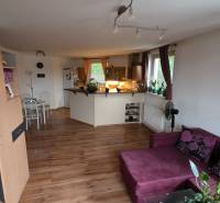 Wohnzimmer mit Küche in einer 3-Zimmer-Wohnung mit Holzboden.